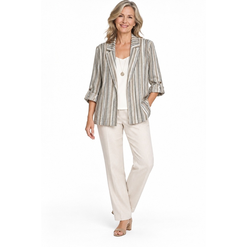 Chicos Striped Blazer Jacket Size 16 Tan Roll Tab Sleeve Linen Blend Open